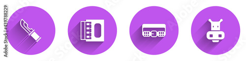 Set Hunter knife, Matchbox and matches, Hunting cartridge belt and Hippo or Hippopotamus icon with long shadow. Vector