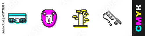 Set Hunting cartridge belt, Wild lion, African tree and Fishing rod icon. Vector