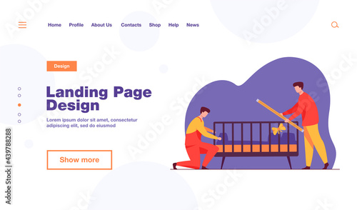 Handymen installing child cot in room. Assembly, tool, worker flat vector illustration. Furniture and childbirth concept for banner, website design or landing web page