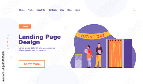 Queue of people with paper at ballot boxes. Voting day, electorate, poll flat vector illustration. Election campaign, politics, choice concept for banner, website design or landing web page