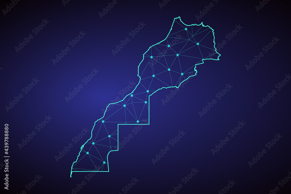 Map of Morocco. Wire frame 3D mesh polygonal network line, design sphere, dot and structure. communications map of Morocco. Vector Illustration EPS10.