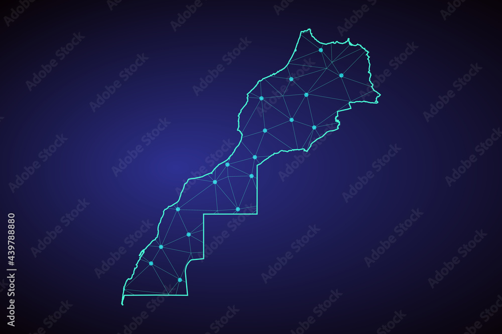 Map of Morocco. Wire frame 3D mesh polygonal network line, design sphere, dot and structure. communications map of Morocco. Vector Illustration EPS10. Map of Morocco. Wire frame 3D mesh polygonal network line, design sphere, dot and structure. communications map of Morocco. Vector Illustration EPS10.