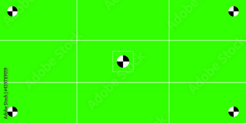 Green colored chroma key background screen flat style design vector illustration. Chroma key VFX screen with tracking marks on it abstract background concept for video footage.