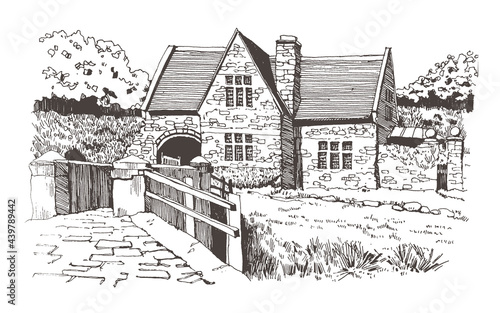 Travel sketch of Bibury, England Hand drawing of the old town. Urban sketch in black color isolated on white background. Illustration line art of England. Freehand drawing. Hand drawn travel postcard.