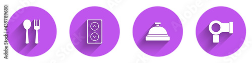 Set Fork and spoon, Lift, Hotel service bell and Hair dryer icon with long shadow. Vector