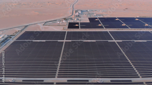 AERIAL. Top view of huge power plant and solar panel at UAE.