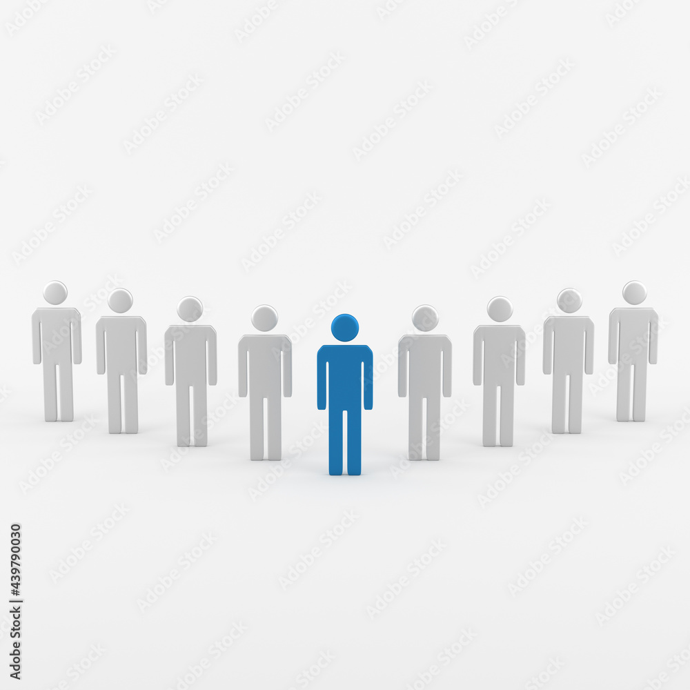 Leadership concept, blue leader man, standing out from the crowd, on white background. 3D Rendering Leadership concept, blue leader man, standing out from the crowd, on white background. 3D Rendering