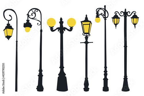 set of street lamp post in flat style, isolated, vector