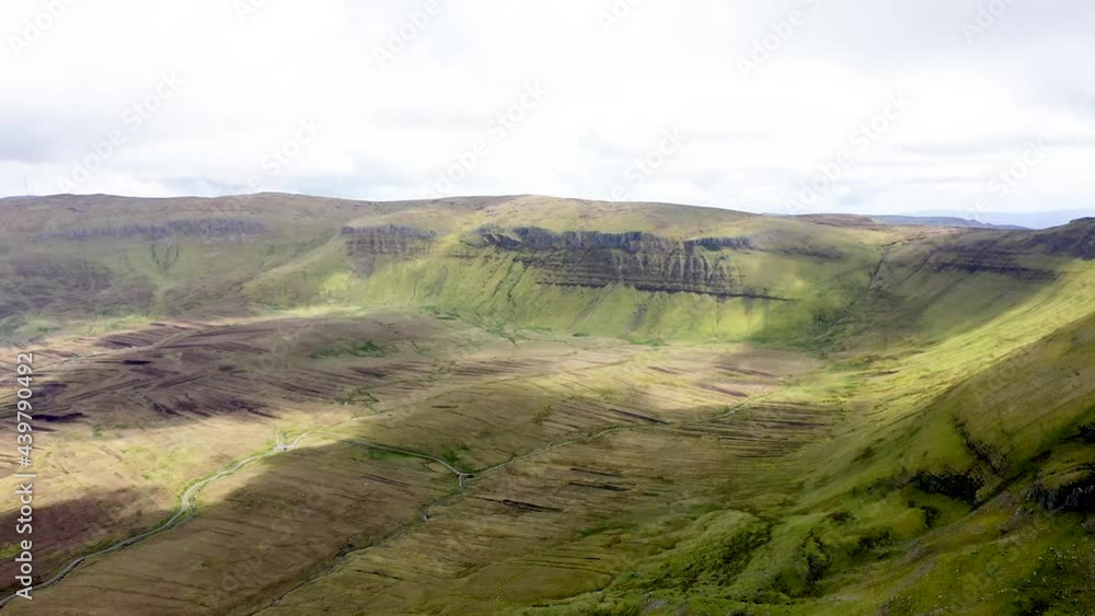 Aerial view of the mountain area between Benbulbin and Benwisken in County Sligo, Ireland. Aerial view of the mountain area between Benbulbin and Benwisken in County Sligo, Ireland.