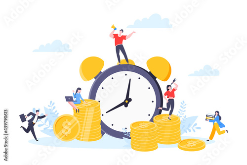 Time is money or save time business concept flat style vector illustration isolated on white background. Financial investment and marketing planning of money growth with US coin, big clock and people.