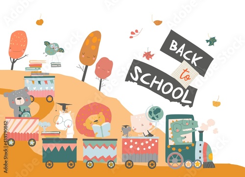 Happy Cartoon Animals traveling to the School by Train