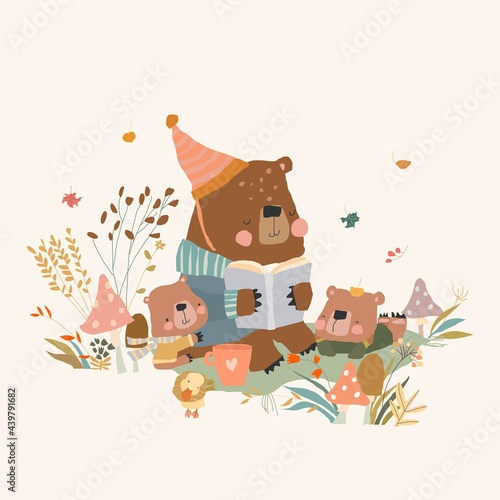 Cute Cartoon Bear Mother reading Book for her Cubs