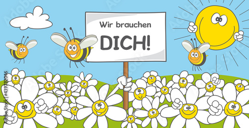Bienen, Blumen und Sonne zeigen mit dem Finger auf den Betrachter und sagen "Wir brauchen DICH", Bienen retten Cartoon 