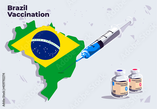 Vector illustration of Brazil vaccination template medical syringe on the map of Brazil with glass vials of COVID-19 vaccine, inject in Brazil, flag of Brazil