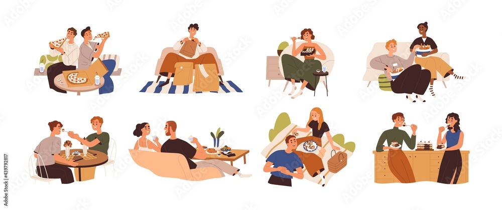 Fototapeta premium Set of people eating food at home, cafe and outdoors. Men and women relaxing and enjoying delivered meals, fastfood, pizza, cake. Colored flat graphic vector illustration isolated on white background