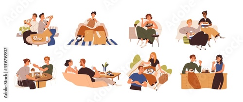 Set of people eating food at home, cafe and outdoors. Men and women relaxing and enjoying delivered meals, fastfood, pizza, cake. Colored flat graphic vector illustration isolated on white background