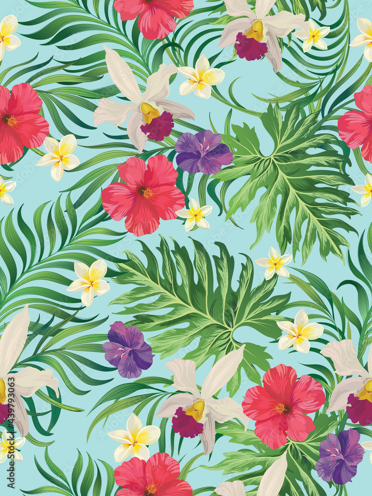 Tropical pattern with hibiscus, palm leaves. Summer vector background for fabric, cover,print design. Tropical pattern with hibiscus, palm leaves. Summer vector background for fabric, cover,print design.