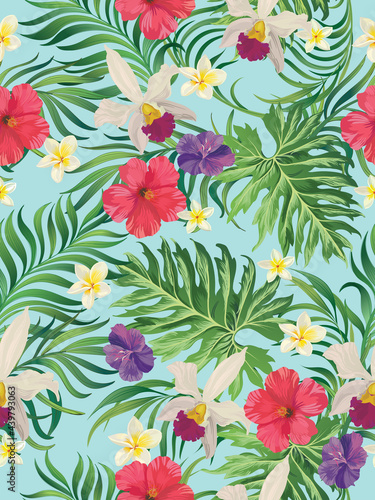Tropical pattern with hibiscus, palm leaves. Summer vector background for fabric, cover,print design.
