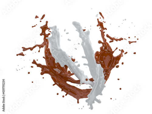 3d illustration of chocolate and milk splash on white background with clipping path