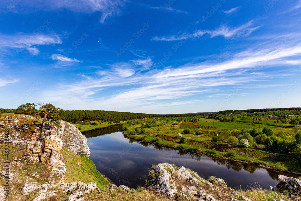 stone riverbank in summer and one pine tree on the rocks stone riverbank in summer and one pine tree on the rocks
