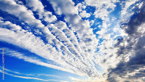 White cirrocumulus clouds blue sky background panorama, altocumulus cloudy skies panoramic view, stratocumulus cloud texture, cirrus cumulus cloudscape, sunny heaven landscape, cloudiness backdrop photo
