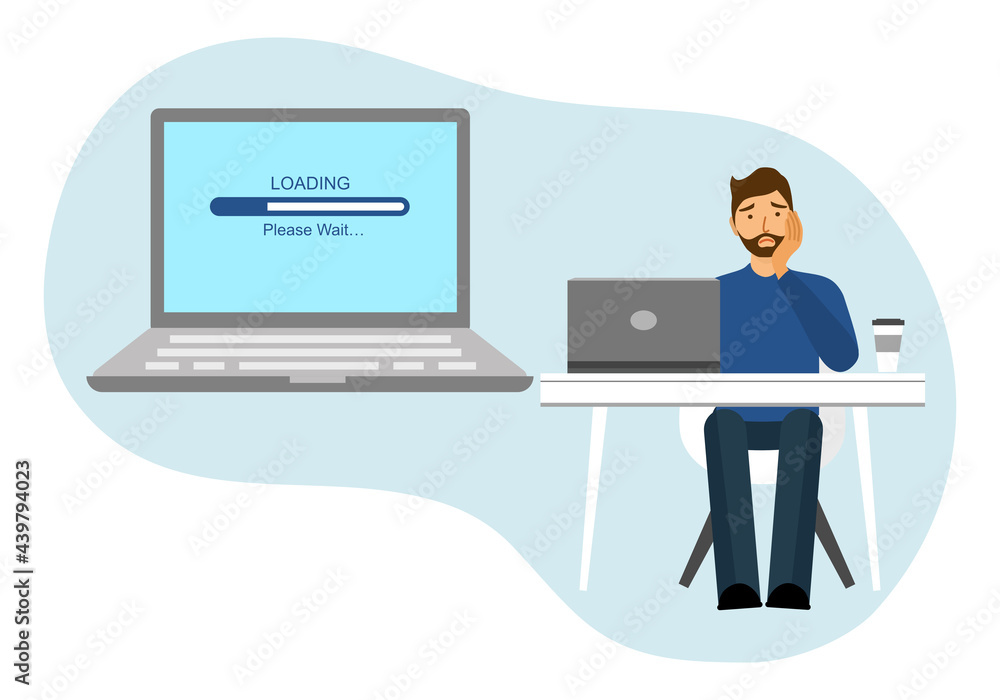A man is waiting for downloading program in laptop computer in flat design. Slow internet speed. A man is waiting for downloading program in laptop computer in flat design. Slow internet speed.