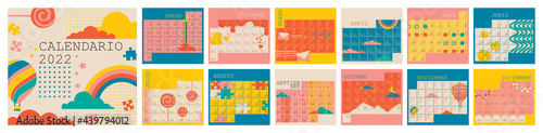 Spanish calendar planner for 2022, week starts on Monday. Set of 12 months January - December. Multicolor flat vector illustration.
