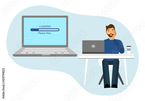 A man is waiting for downloading program in laptop computer in flat design. Slow internet speed.