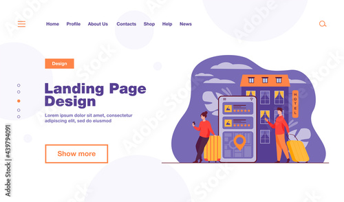 Happy tourists choosing hotel and booking room online flat vector illustration. People doing search or making choice of hostel and apartments via internet. Trip, vacation and accommodation concept