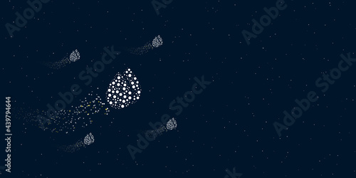 A water drop symbol filled with dots flies through the stars leaving a trail behind. There are four small symbols around. Vector illustration on dark blue background with stars