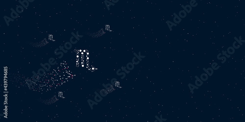 A zodiac scorpio symbol filled with dots flies through the stars leaving a trail behind. There are four small symbols around. Vector illustration on dark blue background with stars