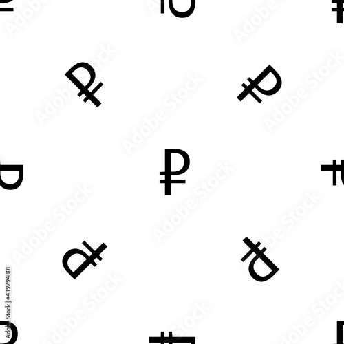 Seamless pattern of repeated black ruble symbols. Elements are evenly spaced and some are rotated. Vector illustration on white background