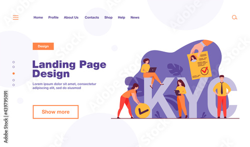 Know your customer concept. Marketing team doing research, collecting client surveys, analyzing risks. Business group using laptops and documents near KYC huge letters