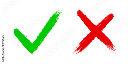 Cross x and tick v OK check mark vector illustration isolated on white background. Two dirty grunge hand drawn brush strokes Check mark symbol NO and YES buttons for vote in checkbox for web.