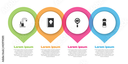 Set Water tap, Cookbook, Fried eggs on frying pan and Pepper. Business infographic template. Vector