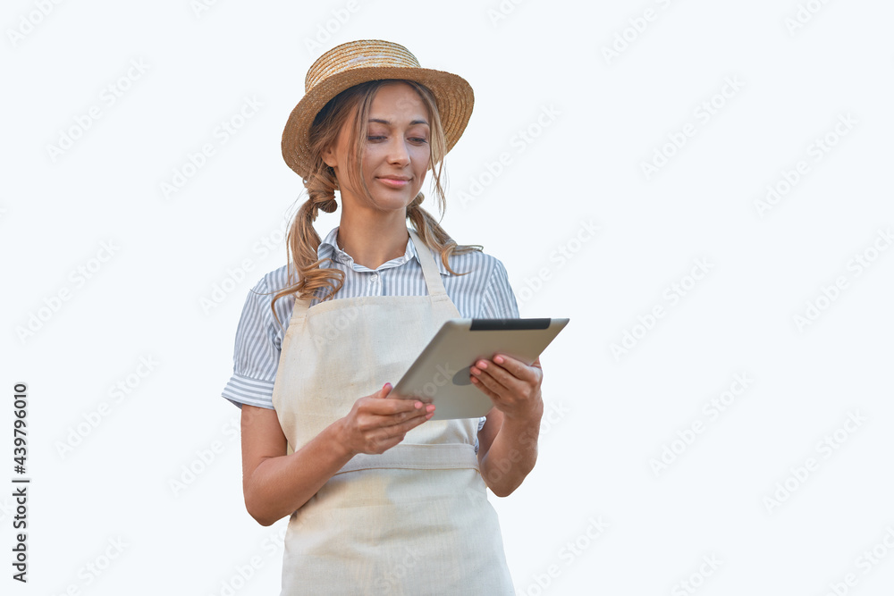 Woman dressed apron with digital tablet white background Caucasian middle age  female business owner in uniform