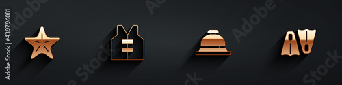 Set Starfish, Life jacket, Hotel service bell and Rubber flippers for swimming icon with long shadow. Vector