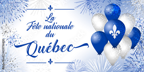 Quebec's National Holiday. Decorative French typescript La Fete Nationale du Quebec. Day of Quebec creative congrats concept. Isolated graphic design template. St. Jean-Baptiste John The Baptist Day.