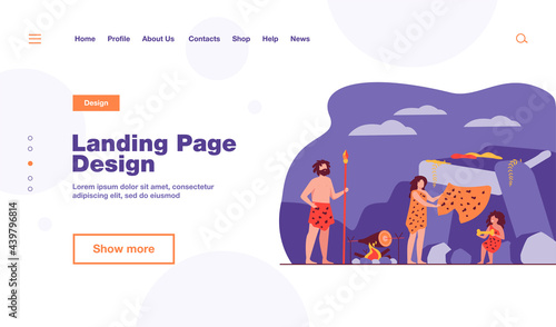 Prehistoric family couple and kid wearing leopard hides, cooking food at cave entrance. Vector illustration for ancient people stone age, caveman dinner concept