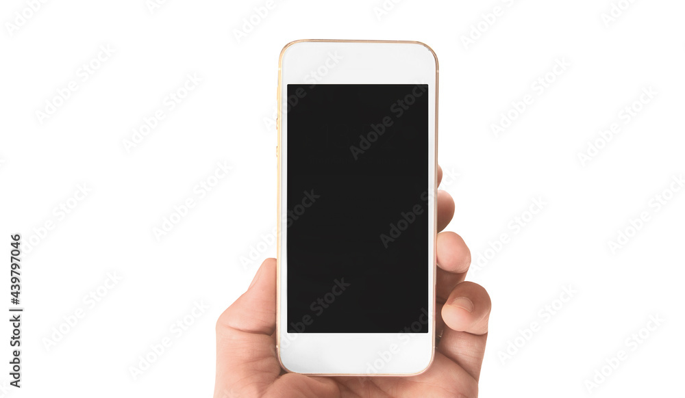 Hand holding smartphone device touching screen Hand holding smartphone device touching screen