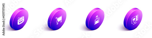 Set Isometric Canned fish, Shopping cart, Seller and on computer icon. Vector