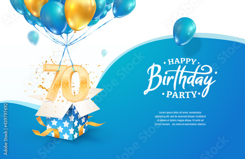 Celebrating 70th years birthday vector illustration. Seventy anniversary celebration. Adult birth day. Open gift box with numbers three and eight flying on balloons photo