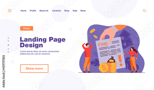 Tiny people getting paper sheet with fine flat vector illustration. Cartoon characters paying traffic bill, municipal tax or parking fee as penalty from police. Financial mulct or punishment concept
