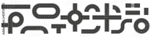 A set of parts of an asphalt road to create your roadmap. Vector illustration