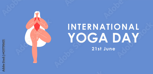 International Yoga Day. Young girl doing the tree pose in yoga. Woman in the Vrksasana pose. Healthy lifestyle. Vector illustration in flat style for poster, banner, flyer.