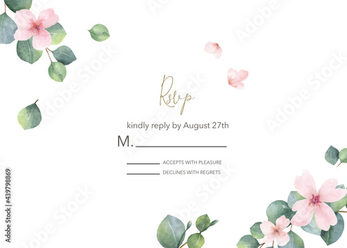 Watercolor vector hand painted wedding rsvp card template.