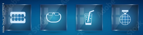 Set False jaw, Eyeglasses, Glass with water and Disco ball. Square glass panels. Vector