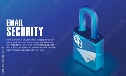 Isometric concept for internet security with email paper airplane. Email paper airplane in a transparent lock for internet protection. Illustrator layered file.