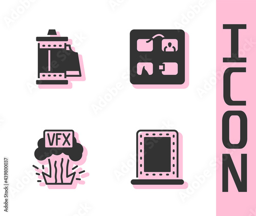 Set Makeup mirror with lights, Camera roll cartridge, VFX and Storyboard icon. Vector
