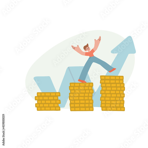 Financial literacy. The boy succeeds in saving money. Disposal of pocket money. Vector isolated illustration on white background.